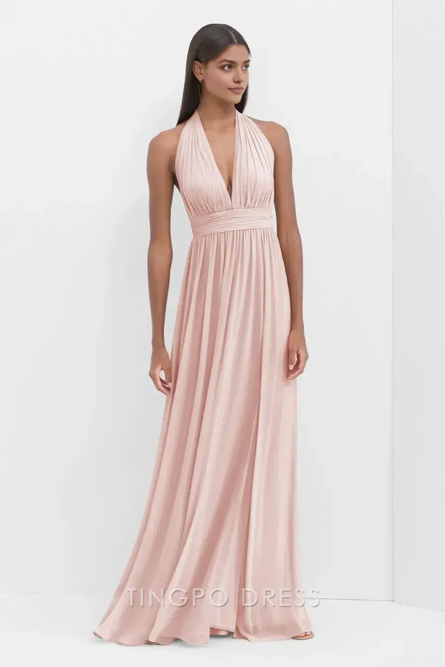 TingPo Wholesale Simple Blush Pink Halter Neck Maxi Dress - Deep V-Neck Ruched Waist Evening Gown